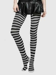 ROMWE Grunge Punk 1 Pair Gothic Style Black & White Striped Tights - Black grey - View 2