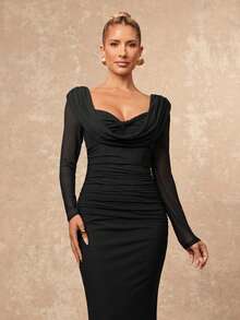 Lumalex Plunging Neck Ruched Mesh Flowy Long Sleeve Cinched Waist Bodycon Dress For Women - Black - View 5
