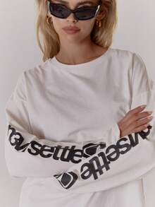 MUSERA Camiseta de manga larga con gráfico oversize, estilo cool girl, streetstyle, uso diario, varsity, primavera verano 1997 - Blanco - Ver 6