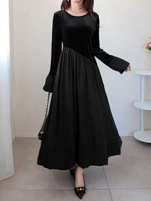 FRIFUL Women's Velvet Patchwork Bodycon Waist A-Line Dress - Black - View 2