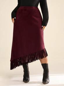 Auralis Plus-Size Women's Autumn/Winter Fashionable, Elegant, Comfortable, And Everyday Suede Burgundy Tassel Long Skirt,Fall Outfits,Women Bottom,Street Wear,Music Festival Outfits For Spring, Spring Outfits For Women Burgundy Skirt Fringe Skirt Maroon Skirt Western Skirt - Burgundy - View 1
