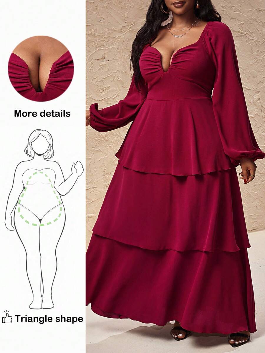 Truni Plus Size Women's Layered Long Sleeve Maxi Dress/Autumn /Winter - Burgundy - View 1