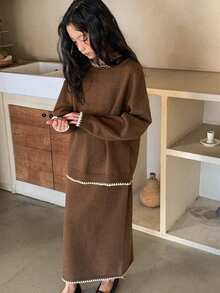 DAZY 2pcs/Set Tween Girls Casual Colorblock Sweater Skirt, Fall - Brown - View 1