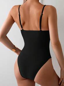 Swim Basics 1pc Women Solid Color Ruched Swimsuit Summer - Black - View 2