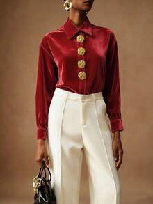 Vesra Camisa de mujer elegante de terciopelo con botones dorados - Rojo - Ver 6