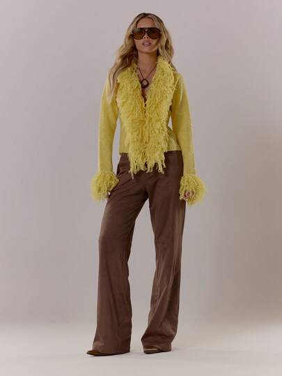 MUSERA Knit Shaggy Trim Fitted Cardigan Fall Autumn Cosy Fluffy Cute Casual Coffee Club Winter Thanksgiving Chic Spring Y2k