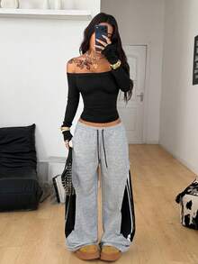 Coolane 女士春季休闲街头风纯色针织露肩长袖修身衬衫，舒适时尚，日常通勤，黑白两色，2件装 - 彩色 - 查看 4