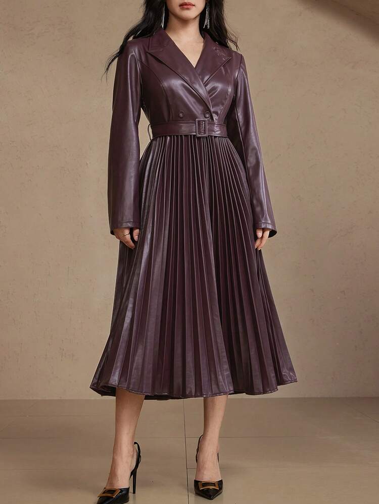 Women's Elegant Solid Color PU Leather Lapel Belted Pleated Midi Dress, Autumn/Winter