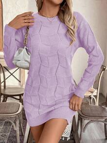 EMERY ROSE Women's Loose Casual Round Neck Drop Shoulder Long Sleeve Knitted Sweater Dress, Autumn/Winter - Lilac Purple - View 5