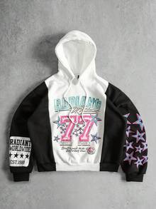 ROMWE MEN Men's Patchwork Contrast Color Print Hoodie, Loose Fit - Black - View 1