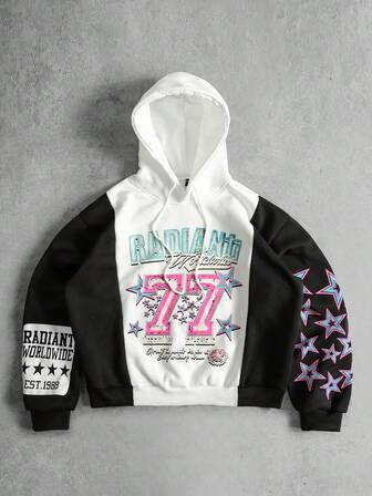 Men's Patchwork Contrast Color Print Hoodie, Loose Fit