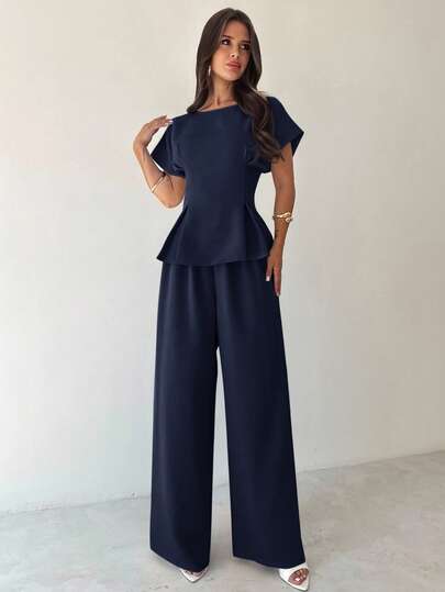 Firerie 2pcs/Set Women's Elegant Commute & Vacation Vintage Style Outfit, Includes Loose Fit Round Neck Short Sleeve Pleated Shirt Top And Wide Leg Pants, Suitable For Office, Teacher, Airport, Travel