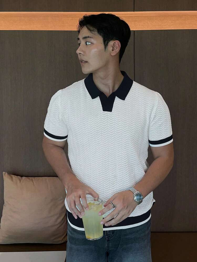 Men's Contrast Color Collar Fitted Knit Top, Spring/Summer