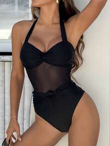 Bonvoyette Women's Casual, Elegant Bowknot Halter Solid Black One-Piece Beach Outfit, New Spring/Summer Beach Outfits For Women, Valentine's Day One Piece Swimsuit Mesh Swimsuit Black Bathing Suit Women Bikini One Piece Black One Piece - Black - View 1