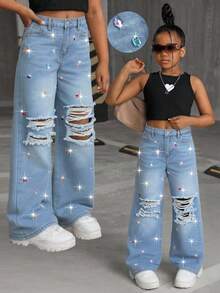 SHEIN Quần jeans ống rộng dáng suông phong cách Y2K cho bé gái, màu sáng, đính đá lấp lánh, có túi, thích hợp mặc ở sân bay, quần ống rộng, thời trang đường phố, quần jeans ngộ nghĩnh, thích hợp cho mùa tựu trường, dự tiệc sang trọng, Giáng sinh, Năm mới, phong cách thường ngày thanh lịch - Rửa trung bình - Xem 1