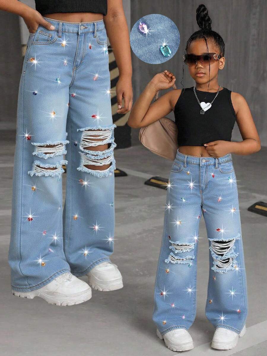 SHEIN Quần jeans ống rộng dáng suông phong cách Y2K cho bé gái, màu sáng, đính đá lấp lánh, có túi, thích hợp mặc ở sân bay, quần ống rộng, thời trang đường phố, quần jeans ngộ nghĩnh, thích hợp cho mùa tựu trường, dự tiệc sang trọng, Giáng sinh, Năm mới, phong cách thường ngày thanh lịch - Rửa trung bình - Xem 1