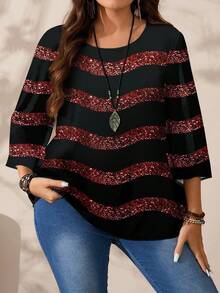 EMERY ROSE Plus Size Women Casual All-Over Print Round Neck Loose 3/4 Sleeve Shirt, Autumn/Winter Spring - Multicolor - View 3