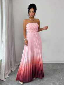 SHEIN Elenzya Elegant Romantic Gradient Color Floral Mesh Fabric Ruched A-Line Sleeveless Dress, Suitable For Parties And Light Formal Occasions - Multicolor - View 3