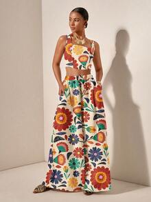 Zivah New Spring/Summer Vacation Casual Fishbone Strap Top & Wide Leg Pants With Pockets 2 Pieces Set/Season Wedding Attend/Birthday Party/Daily Outing/Basic And Versatile/Leisure Vacation/Cruise Travel/Beach Seaside Sunbathing /Internet Celebrity Hot Style/Street Style/Elegant Commuter/Business/Casual Bandeau Strap Sexy Backless Ladies Top And Straight Pants With Pockets Flower Positioning Print Green Summer Suit Ladies Two Pieces Suit Carnival - Multicolor - View 4