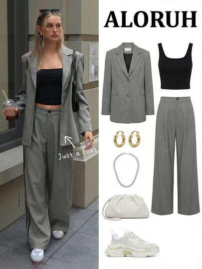 Aloruh Blazer de manga larga de negocios con contraste de color gris, blazer de negocios elegante y sencillo de unicolor para ir al trabajo, estilo de calle, estilo de dinero antiguo, casual, invierno, oficina, otoño e invierno