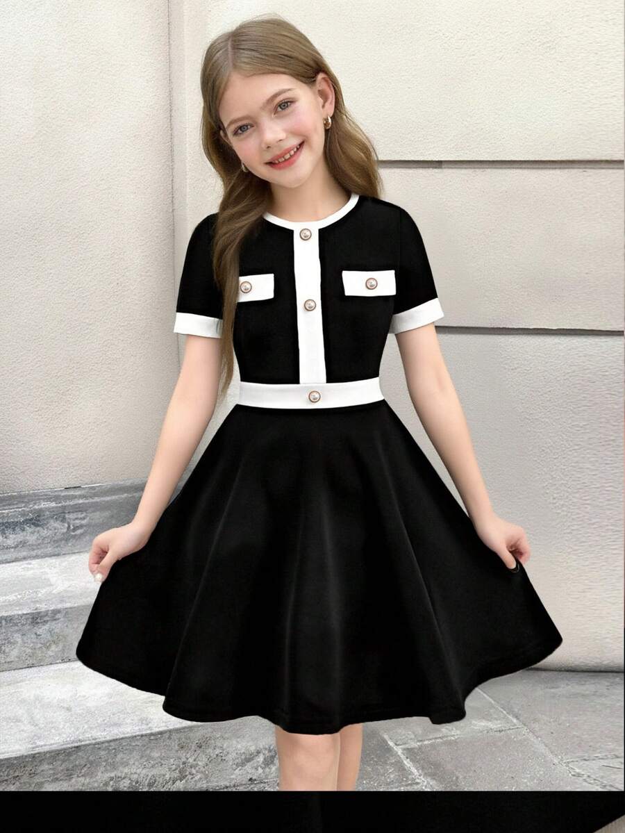 SHEIN Tween Girls Elegant Black And White Contrast Stitching Button Round Neck Short Sleeve A-Line Dress For Summer School Back-To-School College Style - Black and White - View 1