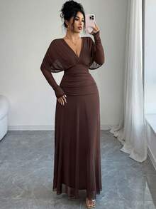 Elenzga Damen Elastisches Mesh-Gewebe gefüttertes V-Ausschnitt Kleid mit Raglanärmeln, geraffter Taille und A-Linie, verdecktem Reißverschluss an der Seite, Maxikleid, eleganter französischer Vintage-Stil für Büro, Lässig und Lässig, geeignet für Party, Weihnachten, Thanksgiving, Nachmittagstee, Neujahr, Herbst/Winter - Braun - Übersicht 1