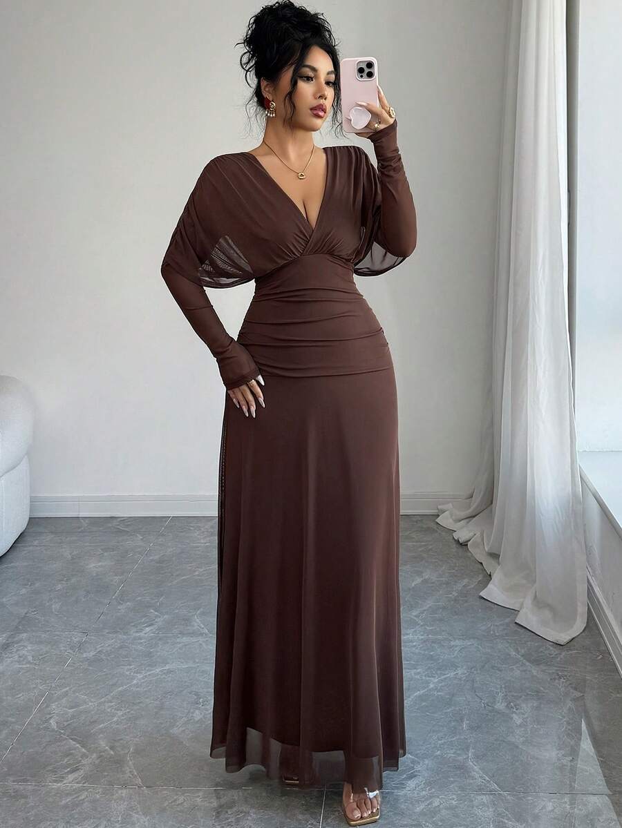 Elenzga Damen Elastisches Mesh-Gewebe gefüttertes V-Ausschnitt Kleid mit Raglanärmeln, geraffter Taille und A-Linie, verdecktem Reißverschluss an der Seite, Maxikleid, eleganter französischer Vintage-Stil für Büro, Lässig und Lässig, geeignet für Party, Weihnachten, Thanksgiving, Nachmittagstee, Neujahr, Herbst/Winter - Braun - Übersicht 1