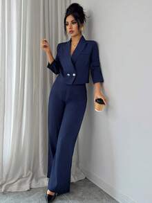 Modelyn Bộ vest sọc dọc màu xanh navy với họa tiết nút cài đặc biệt + quần sọc dọc, trang phục 2 món thanh lịch và thời trang - Màu xanh hải quân - Xem 9