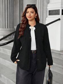 Easura Áo khoác cardigan dệt kim dày dặn cỡ lớn dành cho nữ, có túi lớn, cổ đứng, kiểu dáng thường ngày, màu trơn, đa năng. - màu đen - Xem 4