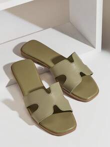 SHUZIA #QuietLuxury Women's Open Toe Harness Cut Out Soft Cushions Premium-Feel Faux Leather Refined Taupe Olive Slide Sandal- Stylish, Comfortable & Easy To Pair Valentine's Day - Olive Green - View 5