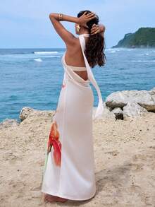 Opulessa 女士度假风雪纺印花露肩连衣裙 - 杏色 - 查看 3