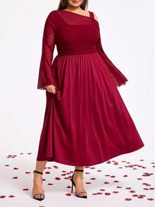 SHEIN CURVE+ Elegant Plus Size Burgundy Midi Dress With Asymmetrical Neck And Flare Wrist Length Sleeves Semi Sheer Shirred Knitted Fabric A Line Flared Hem - Burgundy - View 3