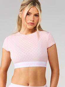 Missguided x Playboy Soft Pointelle Knit Crop Top And Wide Leg Trouser Lounge Set With Short Sleeves And Elastic Waistband For Comfort - Pink - View 3