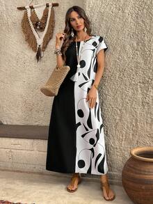 EMERY ROSE 女士度假休闲撞色拼接印花连衣裙 - 黑色 - 查看 5