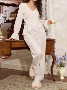 Côtesoire Bộ đồ ngủ nữ màu trắng thanh lịch, lãng mạn, ren xếp nếp, buộc dây, thoải mái, kiểu dáng thường ngày. - trắng - Xem 3