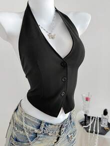 SHEIN EZwear Ladies Solid Color Sleeveless Backless Neck-Hanging Summer Top - Black - View 5