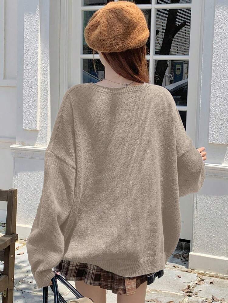 Women Cartoon Teddy Bear Print Crew Neck Sweater, Casual Everyday Wear,Long Sleeve Tops,Fall Women Clothes