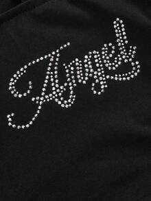 ROMWE Avant Punk Bro Letter Rhinestone & Lace Patchwork Crew Neck Fitted Women Long Sleeve T-Shirt - Black - View 4