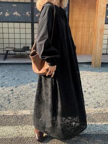 FRIFUL Women's Elegant Solid Color Knotted Collar Lantern Sleeve Long Dress, Autumn Maxi Dress Sundress - Apricot - View 1