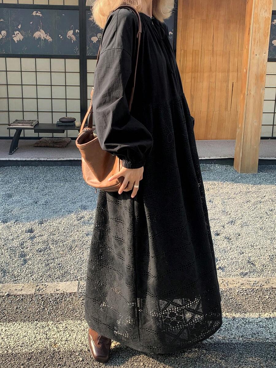 FRIFUL Women's Elegant Solid Color Knotted Collar Lantern Sleeve Long Dress, Autumn Maxi Dress Sundress - Apricot - View 1