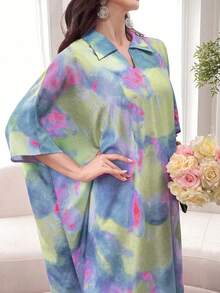 Al Najma Tie-Dye Loose Fit Short Sleeve Polo Collar Dress, Spring/Summer - Blue - View 6