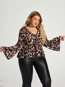 Truni Fall Clothes For Women,WinterPlus Size Women Leopard Print Tie Front Flare Sleeve Fashionable T-Shirt, Leopard Print - Brown - View 5