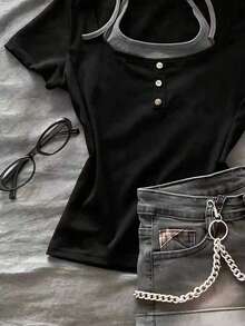 Glimmora 新款女士二合一露背系带修身黑色短袖T恤 - 黑色 - 查看 4