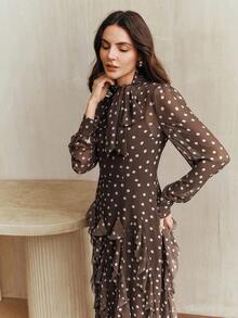 Anewsta Đầm dài tay dáng đuôi cá, cổ bẻ, màu nâu cà phê kiểu Pháp cổ điển, chất liệu jacquard chấm bi, dành cho nữ. - Cà phê nâu - Xem 3