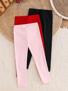 LMoss Kids 3pcs/Set Young Girl Solid Color Fitted Casual Leggings - Red - View 2