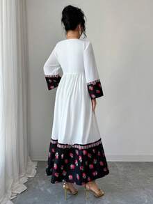 Yasmyna 女士休闲拼接花卉印花方领流苏装饰阿拉伯风格连衣裙，秋季 - 彩色 - 查看 3