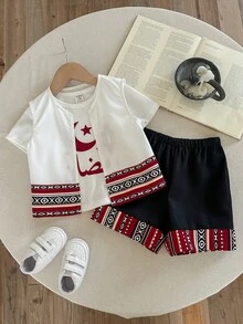 SHEIN 3pcs/Set Baby Boys Cute Knitted Short Sleeve T-Shirt, Colorblock Shorts, Vest Jacket Outfit, Suitable For Formal Occasions, Birthday Party, Rave, Evening Party, Performance, Wedding, Baby Shower, 1st Birthday Celebration - Multicolor - View 8