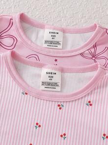 4pcs Young Girls Bow & Cherry Print Long Sleeve Top And Leggings Pajama Set - Pink - View 4