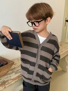 DAZY 男童休闲条纹口袋长袖开衫（春季款） - 棕色 - 查看 6