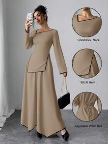Modelyn Modest Casual Contrast Trim Asymmetric Neck Top And Mini Skirt Set For Women 2 Pieces Set Modest Two Piece Set Spring Clothes - Khaki - View 1